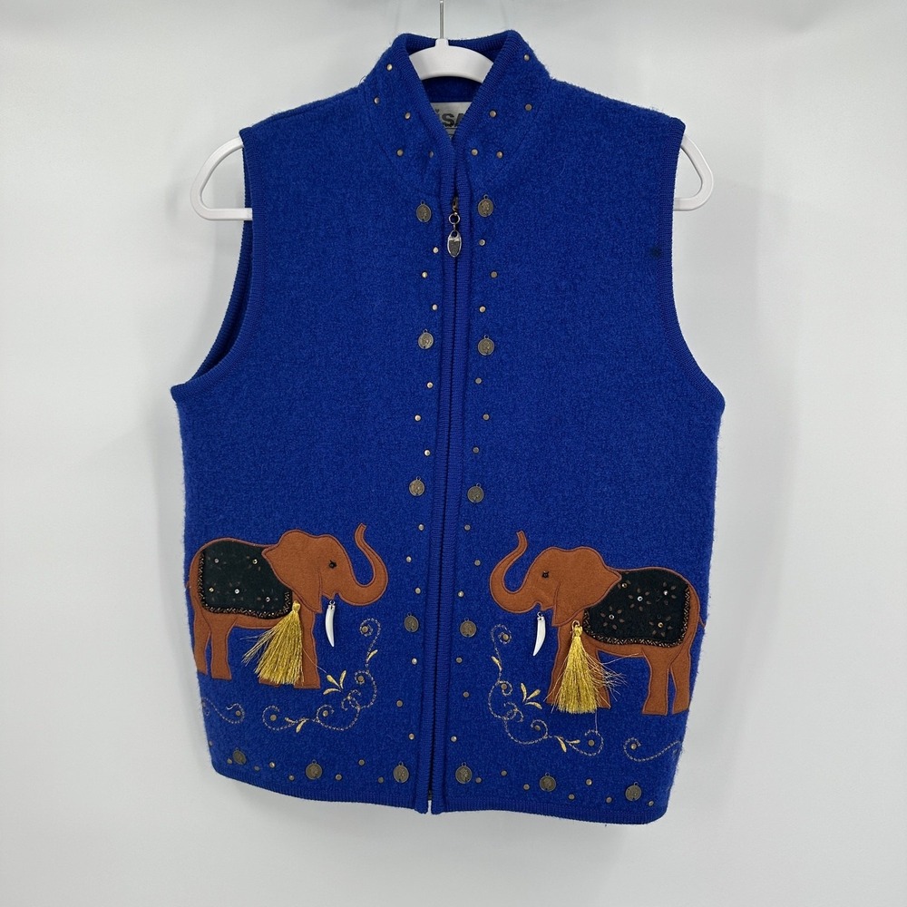 Lisa International Womens Boho Elephant Boilded Wool Vest Size S Maximalist Folk